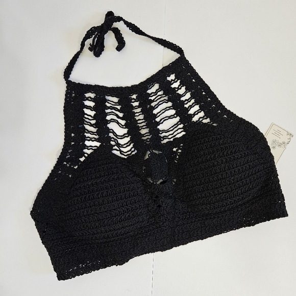 Women's Black Crochet Padded Halter Top - Picture 1 of 11